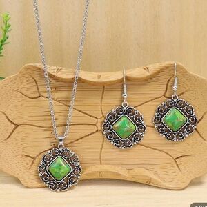 SET: Gemstone inlaid jasper silver filigree dangle hook earrings AND NECKLACE